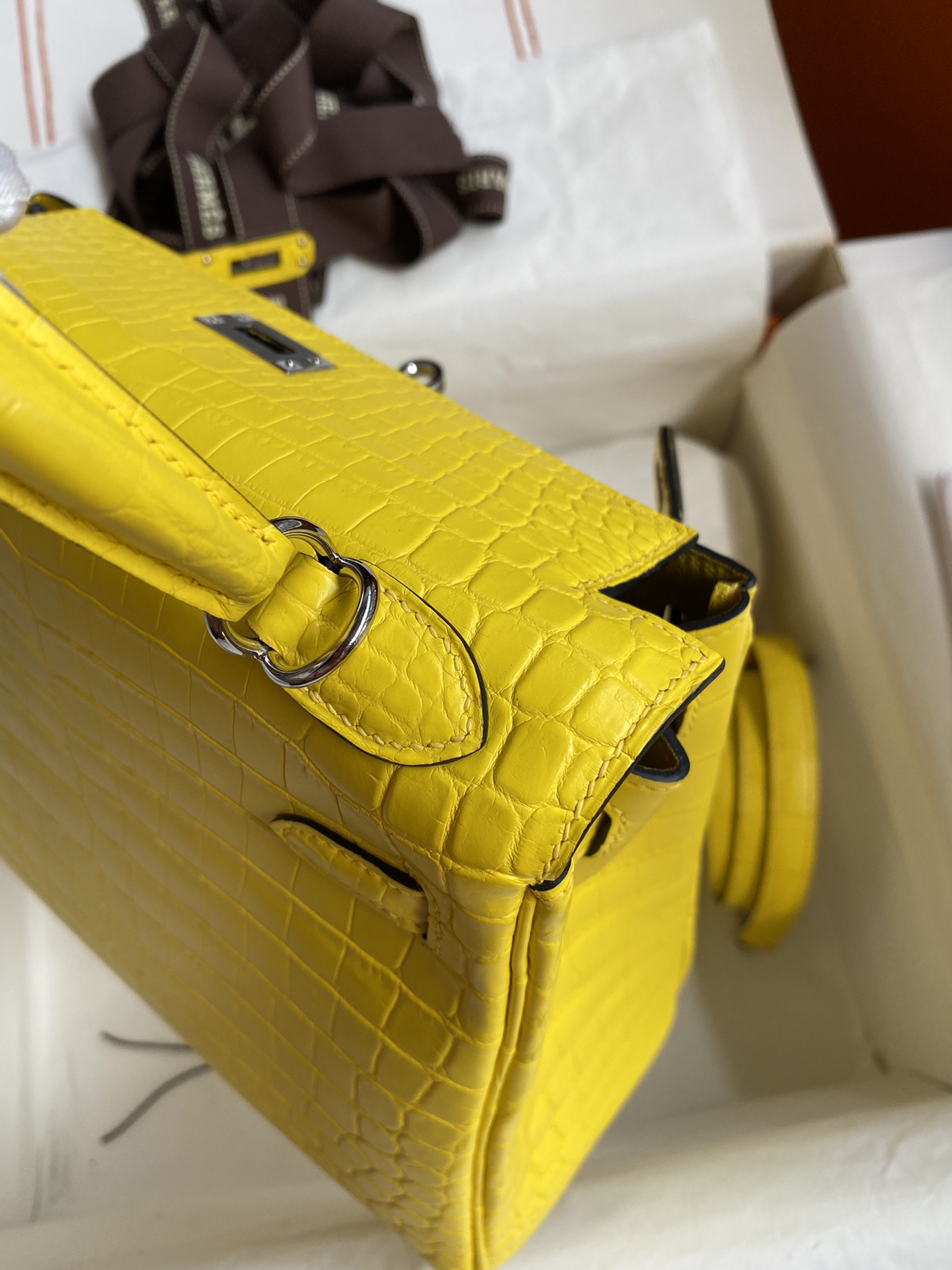 Hermes Kelly 25cm Handbag Shoulder Bag In Yellow Crocodile Niloticus Leather